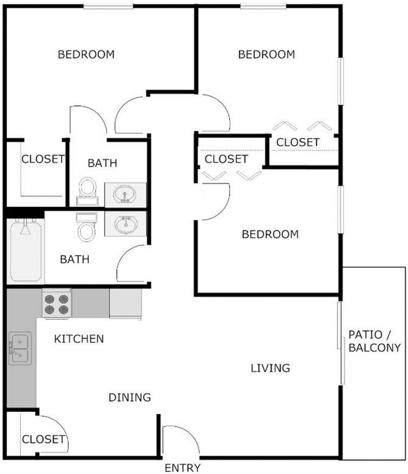 3-Bedroom/1.5-Bath 1100 SF Floor Plan